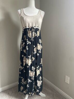 Vintage 90’s Sleeveless Black Floral Maxi Dress with Cream Bodice and tie detail